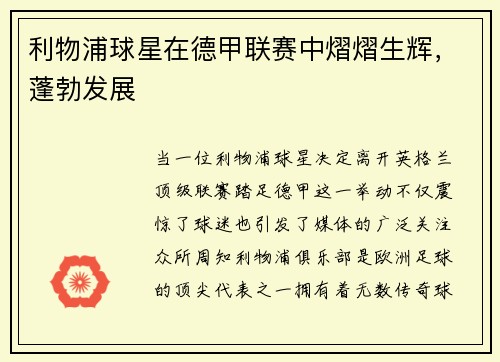 利物浦球星在德甲联赛中熠熠生辉，蓬勃发展